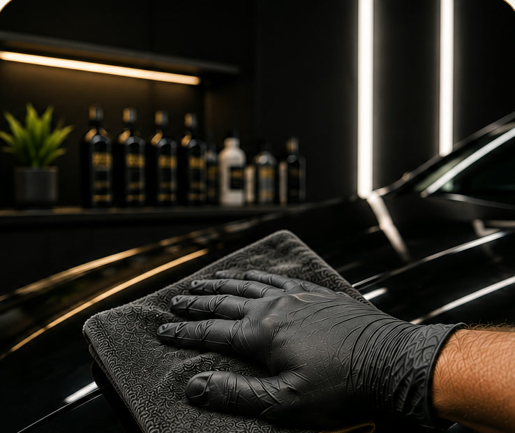 A gloved hand finishing black paintwork with a microfibre towel under studio light