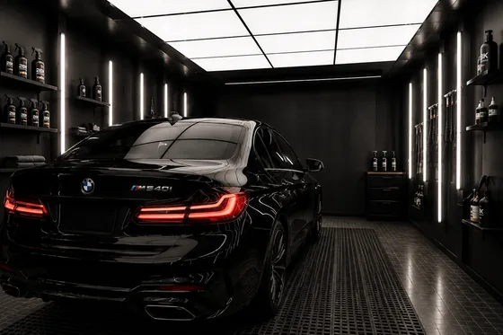 A finished black car standing under even light in the inspection bay