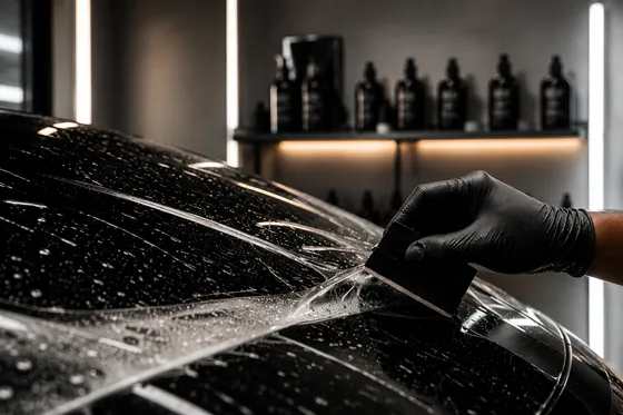 A gloved hand drawing protective film across wet black paintwork