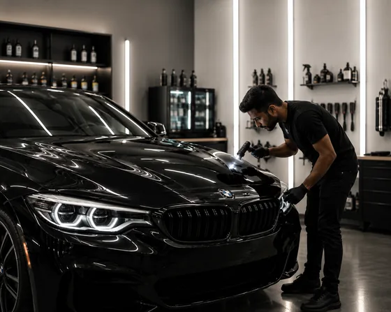 A detailer inspecting the front of a black car under workshop light