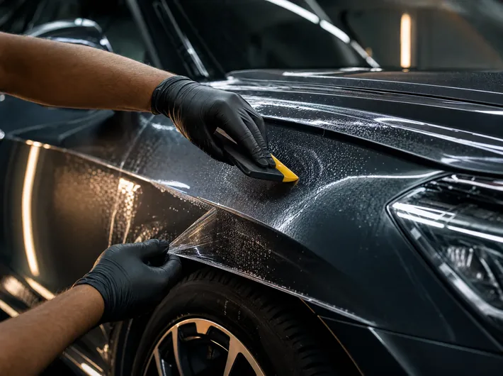 Paint protection film being applied to a panel